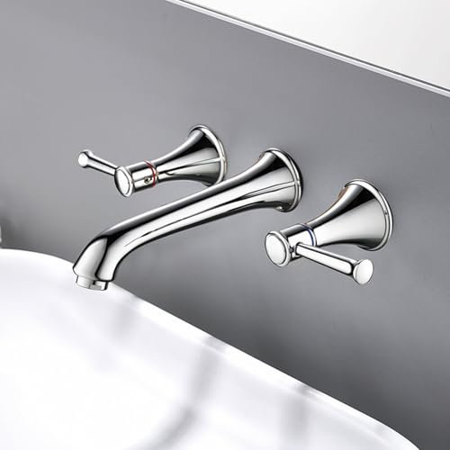 BiaoTeng Concealed Bathroom Sink Tap Wall Mount Basin Mixer Tap Hot and Cold, Brass 3 Hole Bathroom Sink Taps Wall Mounted for Bathroom Chrome