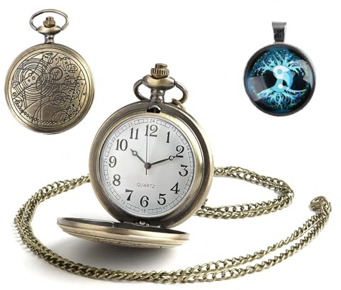 Doctor Who Men's Pocket Watch with Bronze Case, Vintage Quartz Full Hunter White Dial and chain Retro Pendant, Available in 30cm and 50cm Lengths