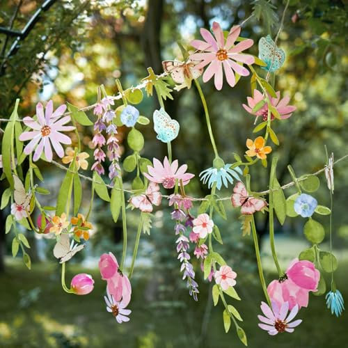 Easy Joy Paper Flower Garland Spring Flower Butterfly Party Banner Daisy Wildflower Party Decorations Double-Sided Colorful Floral Banner for Wall Birthday Spring Garden Wedding Baby Shower Decor