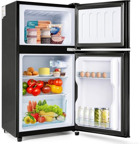 Réfrigérateur compact avec congélateur supérieur intégré, température réglable de -27 à 13 degrés, consommation annuelle réduite 102kWh,clayettes adaptables,niveau sonore bas,design moderne autonome