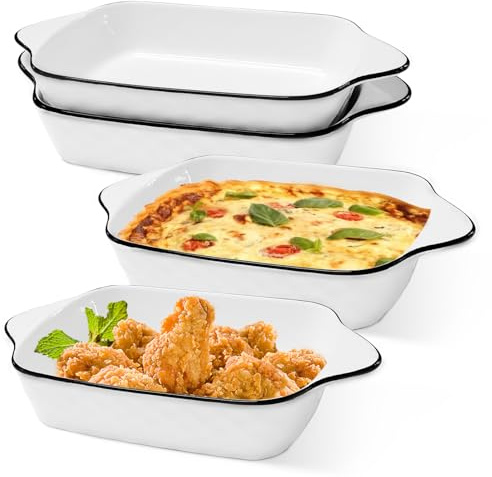 Grytform, set om 4 stycken, lasagneform, 25 cm, keramisk ugnsform, rektangulär bakform, slät liten ugnsform för lasagne, bakning, gourmetmat, värmebeständig (vitt diamantmönster)