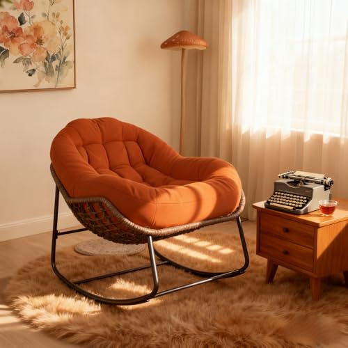 MGMYM Sedia a dondolo per interni ed esterni,ergonomica, extra grande sedia a dondolo a forma di uovo da patio, con cuscino spesso, poltrona in vimini for soggiorno, giardino.(Colore arancione)