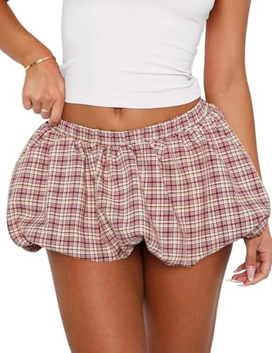 Womens Mini Plaid Bubble Skirts 2025 Summer Sexy Low Waist Y2k Puffy Ruffle Balloon Skirt with Short Underneath(Burgundy,Small)