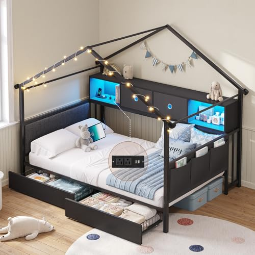 DICTAC Twin Corner Bed Frame with Storage Bookcase,Charging Station and Upholstered Headboard House Shaped Twin Size Bed Frame with 2 Storage Drawers,RGB LED and Globe Lights,Kid twin House Beds,Black