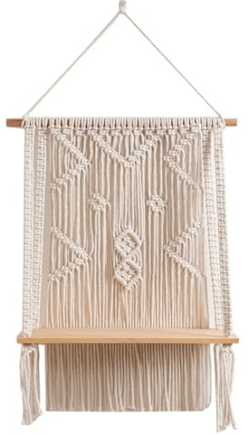 PANGBOER Macramé Bohemio para Colgar en la Pared, Estante de Madera, Tapiz Tejido a Mano, Planta Flotante para decoración del hogar, jardín, Colgante de Pared para Dormitorio