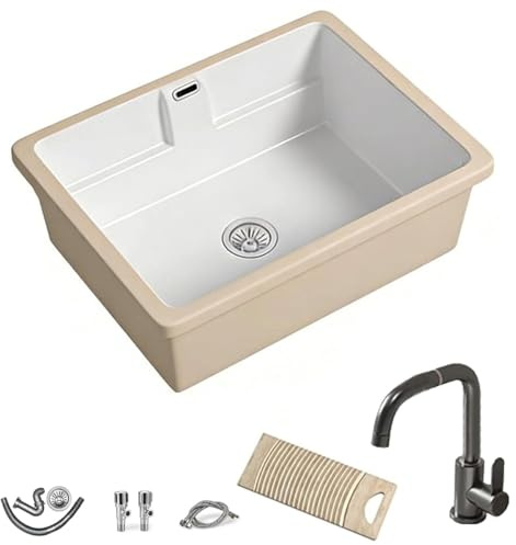 Lavabo de baño con tabla de lavar de madera extraíble, Lavabo de cerámica bajo encimera con Grifo, Válvula Angular y Desagüe, para Aseos y Balcones(600mm/23.6in)