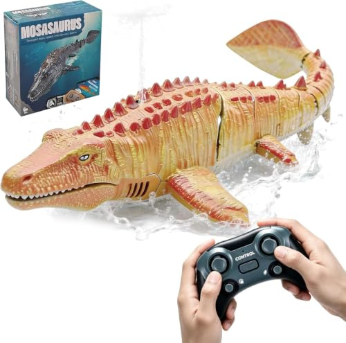 7JI Teledirigido Mosasaurus RC Barco, 2,4 GHz Control Remote Tiburone Barco | Piscinas y Lagos Juguetes Eléctricos de Dinosaurios, Rociar Agua, 2 Baterías, Regalo para Niños y Niñas (Amarillo)
