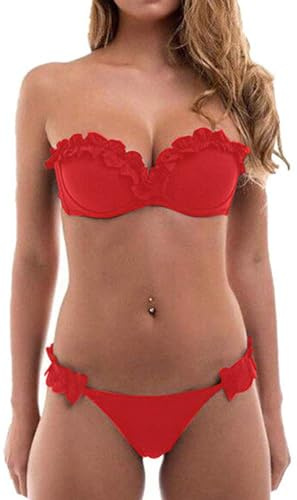 JFAN Bandeau Maillots de Bain Femme Deux Pièces Plage Halter Rembourré Bikini Femme 2 pièces Taille Basse Imprimé Florale Bas de Bikini,Rouge M