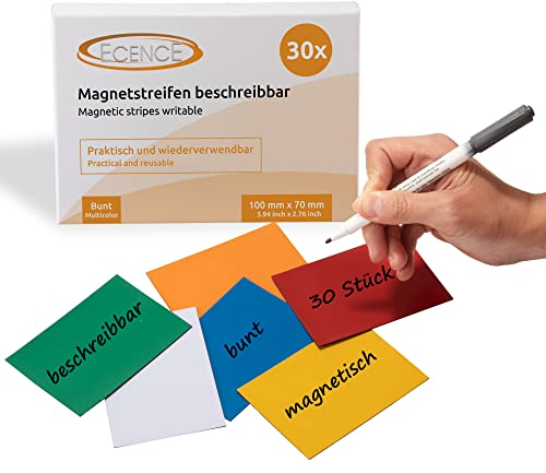 ECENCE Magnetstreifen beschreibbar 30 Stück - 100mmx70mm - abwischbare Magnetschilder - Magnet-Etiketten zuschneidbar für Whiteboards, Kühlschränke, Magnettafeln - bunt