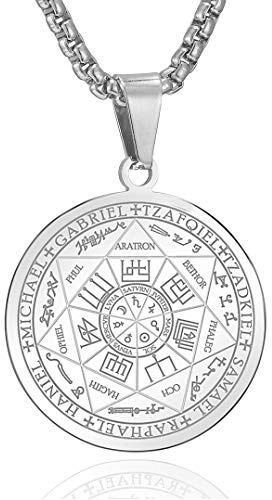 AFSTALR Collar talismán con medalla de los 7 arcángeles para hombres y mujeres, talismán de pentagrama de Salomón, amuletos de la suerte y proteccion A-Plata