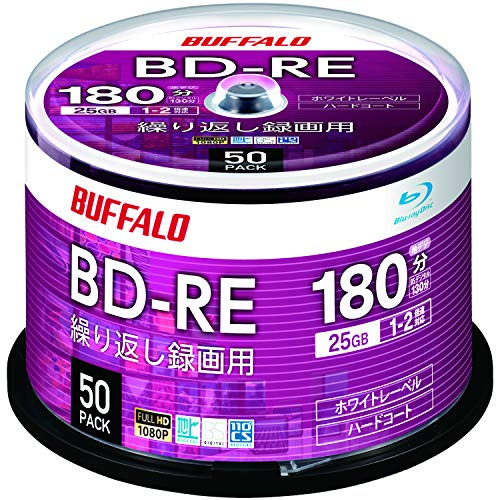 Buffalo RO-BE25V-050PW/N BD-RE Blu-Ray Disc, 25 GB, 50 Sheets, Spindle, Single Side, 1-2x Speed, White Label