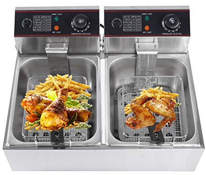 Commercial Deep Fryer, 2x6L Double Tank Deep Fat Fryer Stainless Steel Chip Electric Fryer with Power Cord for Fast Food Stands, Restaurants