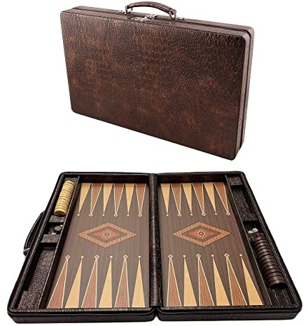 Backgammon Koffer, Tavla, Medium, Reisespiele, Tric Trac, Kunstleder, 44 x 27 cm, Weiß,schwarz,braun,hellbraun