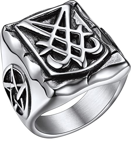 FaithHeart Satan Luzifer fingerring personlig baphomet satansk sigillring punk biker pentagram ring partnerring vänskapsring för män och män, 57 (18.1), Ingen ädelsten