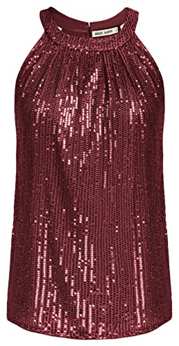 GRACE KARIN Canotte Donna Paillettes Camicia Paillettes Canotta Top Confortevole Halter Collo Rosso M