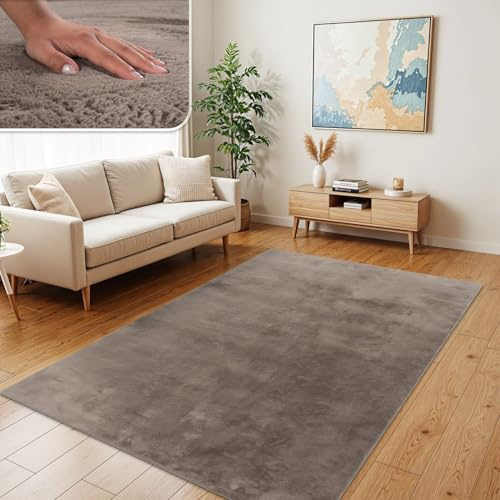 TT Home Wohnzimmer Teppich Hochflor Langflor Kunstfell Weich Modern Unifarben Flauschig, Farbe:Beige Taupe, Größe:140x200 cm