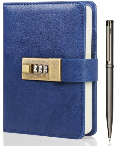 WEMATE Journal with Lock, A6 PU Leather Diary with Lock 240 Pages, Locked Journal Password Notebook with Pen & Gift Box, Locking Diary Planner Organizer for Men and Women 4.3X 6.18in Blue
