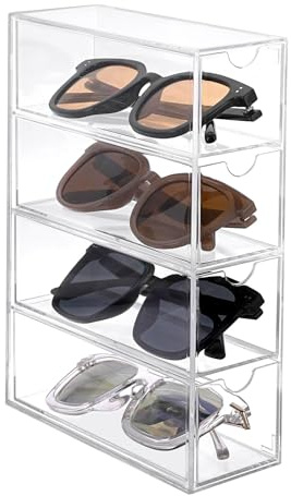 TOLIDA Clear Acrylic Sunglasses Organiser, 4 Slots Display Storage Drawer | Tabletop Plastic Storage Holder Organiser for Watches Chain Bracelets, Home/Office Container for Coffee Capsule Tea bags