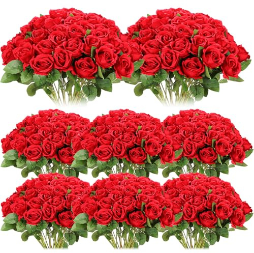Hotop 80 Pcs Rose Artificial Flowers Bulk with Long Stem, Silk Roses Realistic Fake Flowers Bouquet for Wedding Table Centerpieces Bridal Shower Party Home Decorations(Red)