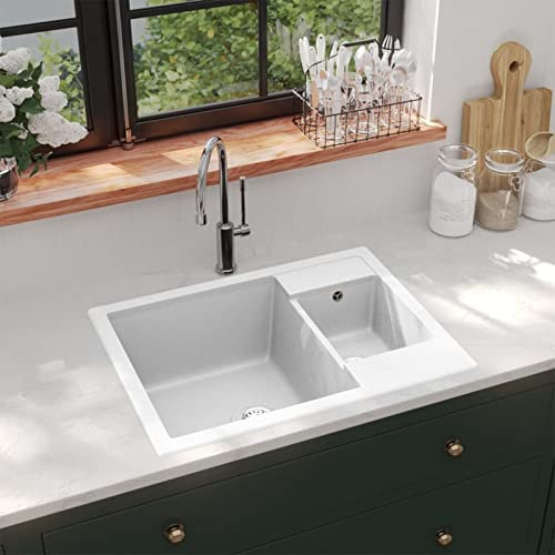 ARKEM Lavello da Cucina Doppio con Foro Troppopieno Bianco in Granito,Lavello Cucina, Lavandino Cucina,Lavabo Cucina ad Incasso