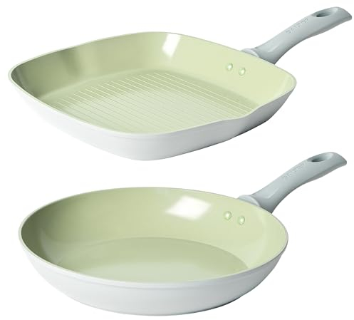 Salter COMBO-8728A Earth 28 cm Frying Pan & Griddle Set - Healthy Ceramic Non-Stick Coating, PFAS-Free Induction Cookware, Aluminium Egg Pancake Cooking Skillet/Grill Pan for Steak, PFOA/PTFE-Free