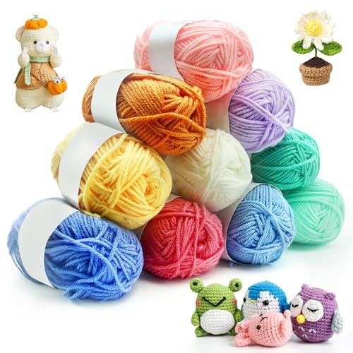 HOVIBU Häkelgarn Set, 10 Farben x 25g Wolle zum Häkeln und Stricken, Miniknäuel 100% Polyacryl Garn mit 2 Häkelnadeln (3.0-4.0 Doppelkopfhäkelnadeln), Handstrickgarne für Häkeln Stricken und Handwerk