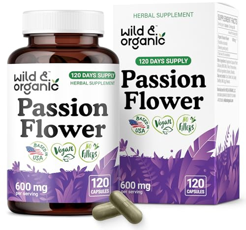 Wild & Organic Passion Flower Extract Capsules 600 mg - Relaxation & Mood Support - Passionflower Supplement - Passiflora Incarnata Herb - Vegan, No Fillers, Non-GMO - 120 Count