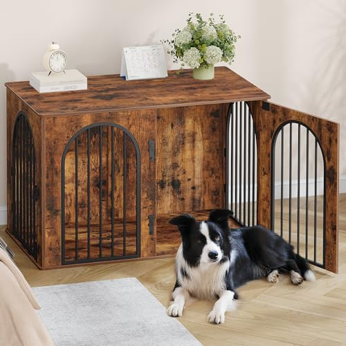 Hzuaneri 108cm Cage pour Chiens, Table d’Appoint, Niche Moderne pour Chiens Intérieur, Cage Chien de Taille Moyenne, Maisonnette pour Animaux, 3 Portes, Porte arquée, 108 x 64 x 76 cm, Marron Rustique