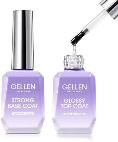 Gellen Base Coat and Top Coat 18ml*2 Soak off Clear Gel Nail Polish, Professional Strong Base Coat Glossy Shine Top UV/LED Long Lasting Nail Kit for DIY at Home Salon Use