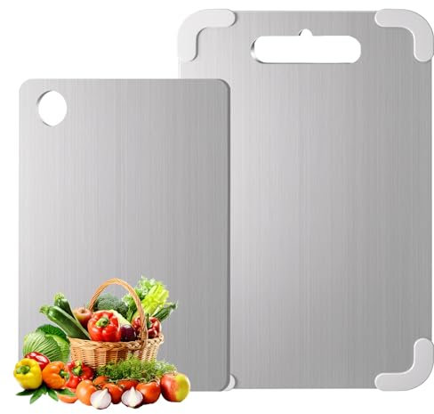 Planche a Decouper en Titane, 2 Pcs planche à découper Avec patin antidérapant, Planche à Découper en Inox 316, Planche a Decouper Titane Pour Viande, Fruits,Et Légumes(20 * 30cm+30 * 40cm)