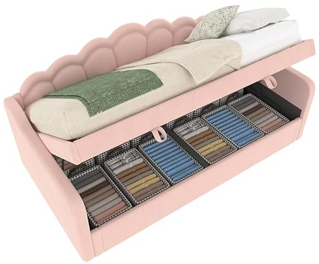 Goldicoo Barnsäng, dagsäng, ungdomssäng, 90 x 200 för flickor & pojkar – Polsterbädd med sängbräda – Rosa/Samt