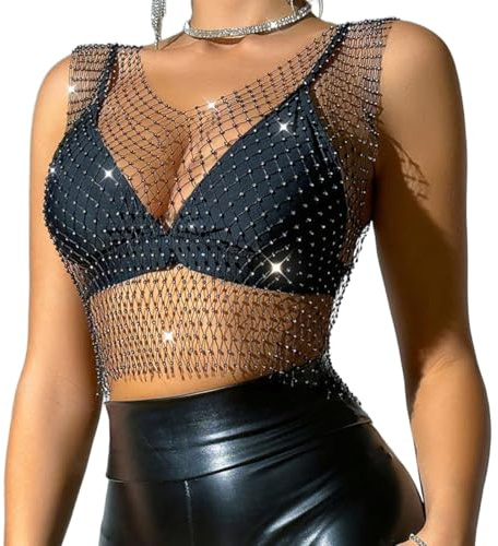 KEWUF Paillettes Visible Sexy en Résille à Manche Haut en Maille avec Strass Scintillant Haut de Danse Jazz Latine Cache-épaules Blouse à Sequin Tenue de Night Club Bar Plage, Col en V - Noir (S)