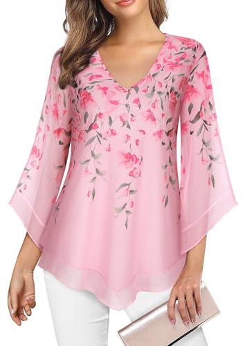 Gemulate Womens Tops Ruffle 3/4 Sleeve Blouses for Women UK Loose Flowy Ladies V Neck Chiffon Tunic Tops Double Layers Mesh Shirts