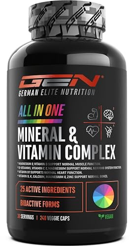Complejo Mineral y Vitamínico ALL IN ONE - 25 Vitaminas, Minerales y Oligoelementos Bioactivos - Con Magnafolat® PRO, K2VITAL® MK-7 y Metilcobalamina - Alta Dosis - Vegano - 240 Cápsulas