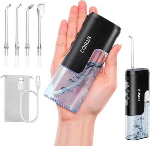 COSLUS Mini Jet Dentaire Hydropulseur Portable: Design Compact et Sans Fil, 4 Modes IPX7, Idéal pour Appareil Dentaire, Orthodontie et Dents Sensitives, Usage Nomade, Noir Brillant, T40
