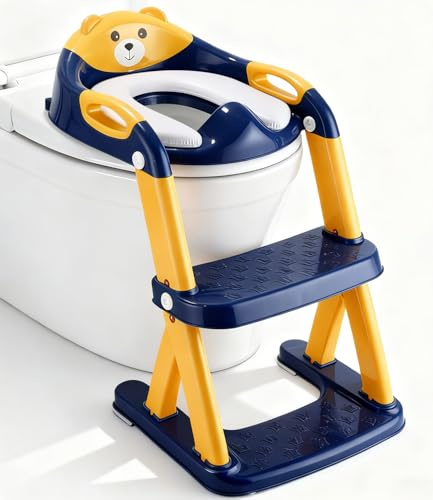 Toilettensitz Kinder mit Treppe,2-in-1 Kinder WC Sitz Toilette für Kinder mit Gepolstertem Sitz, Kinder Toilettensitz,Höhenverstellbar Faltbarer Kinder Toiletten Trainer,Rutschfestes Trittbrett,Gelb