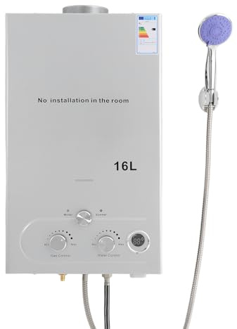 8L/12L/16L flytande gas varmvattenberedare LPG-varmvattenberedare, gasflödesvärmare med duschhuvud och duschslang, för utomhuscamping och husbilsdusch (16 L 32 KW)