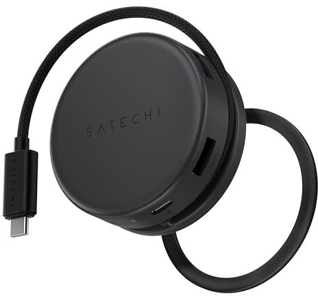 SATECHI OntheGo™ 7 en 1 Hub USB C Magnétique, Adaptateur avec PD 100W, HDMI 4K@60Hz, Ethernet, 2×USB-A 5Gbps, SD/microSD, Câble Spirale pour MacBook, PC Portable et Plus – Noir Spatial
