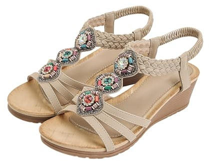 Sandalias Mujer Tacon Zapatos Ortopedicos Mujer Sandalias planas con tiras en T y cuentas para con piedras preciosas de colores y elástico Comodas Para Caminar Zapatos Talla 41