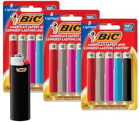 BIC Maxi Pocket Lighters, Long-Lasting Flame and Colorful Designs, Classic Collection, 15-Pack (Colors May Vary)