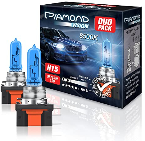 Diamond Vision 2x H15 12V 55/15W | Xenon Look | Halogen KFZ Autolampen | 8500k Super Ultra White | Kaltweiß | extrem langlebig | E-Prüfzeichen | PGJ23t-1