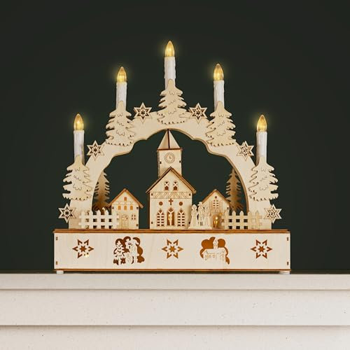 Marco Paul Wooden Town Church Scene Christmas Candle Bridge With 5 Faux Candle Arch - LED Battery Operated Village Scene Xmas Decorations and Ornaments