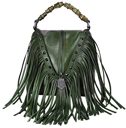ZLYC Women's Leather Bamboo Hand Strap Featured Fringe Bohemian Tassel Studed Cross Body Bag, Green, One Size