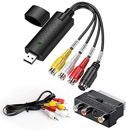 Tech Stor3 USB 2.0 Audio/Video Grabber Nuova Versione 2025 + Adattatore Scart+Cavi RCA Compatibile con Windows 10-11|VHS|Scheda di acquisizione Video USB Colore Nero