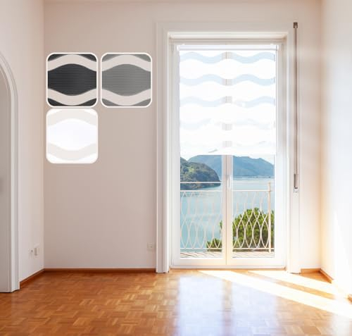 Doppelrollo Wave, Weiß 85x150cm Duo-Rollo Klemm-Fix mit Klemmträger, Fenster-Rollo/Seitenzug-Rollo ohne Bohren