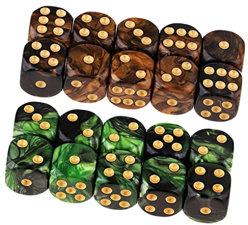 Yourandoll 20 STÜCKE Polyedrische Würfel D6 Würfel 16mm Acryl Dice Spielwürfel for DND RPG Tischspiele (Grün Schwarz und Schwarz Gold)