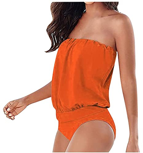 Bikini Bandeau Femme 1 Pieces Cache Maillot de Bain Amincissant Gainant Ventre Plat Sexy Bikini Taille Haute Femme Rembourré Menstrue Bustier Tankini Shorty Vintage Pas Cher Fête Plage Orange M