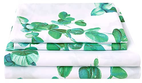 JSD Queen Size 4 Piece Soft Leaf Pattern Microfiber Extra Deep Pocket Eucalyptus Green Duvet Cover Set