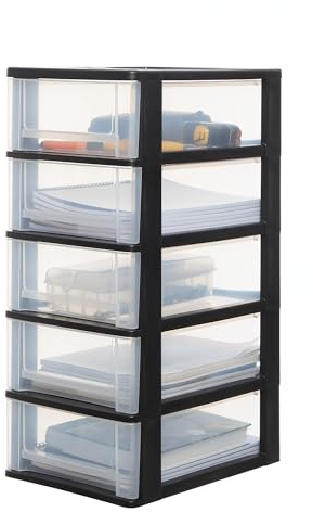 Iris Ohyama, Kunststoff Schubladenbox mit 5 flachen Schubladen, Schwarz, Easy-Pull-System, A4, A5 & A6 Format, Schreibtisch Organizer für Büro, Schule, Schreibwaren, BPA-frei, Schubladenschrank,