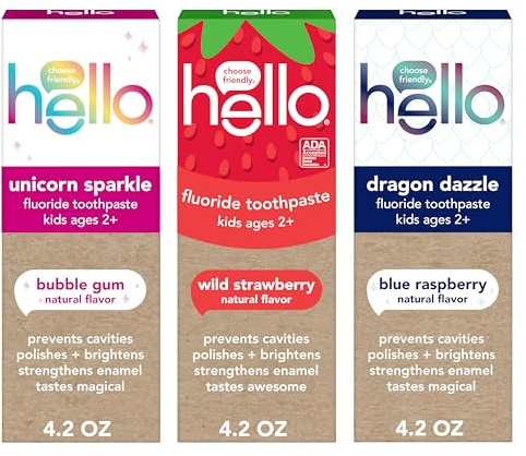 Hello Kids Fluoride Toothpaste Variety Pack, Includes a Strawberry Toothpaste, Unicorn Bubble Gum Toothpaste, and Blue Raspberry Toothpaste, Safe for Ages 2 and Up, 3 Pack, 4.2 Oz Each
